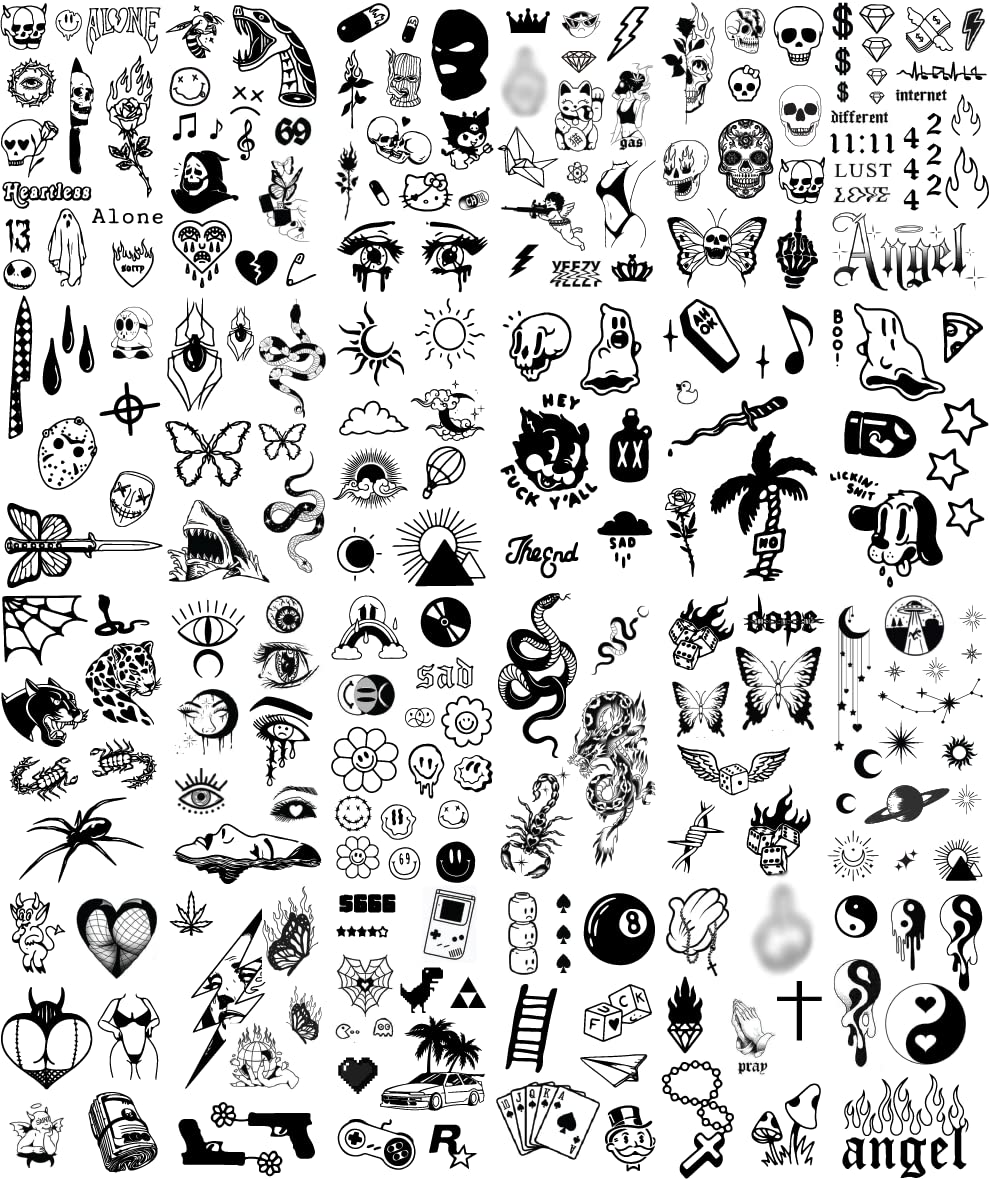 Impressed 48 Sheets Custom Unisex Ignorant Patchwork Temporary Tattoos - Small Semi Permanent Minimalist Black Fake Flash Tattoo for Women and Men - Micro Tiny Adult Hand, Sleeve, Finger Tat for Teens