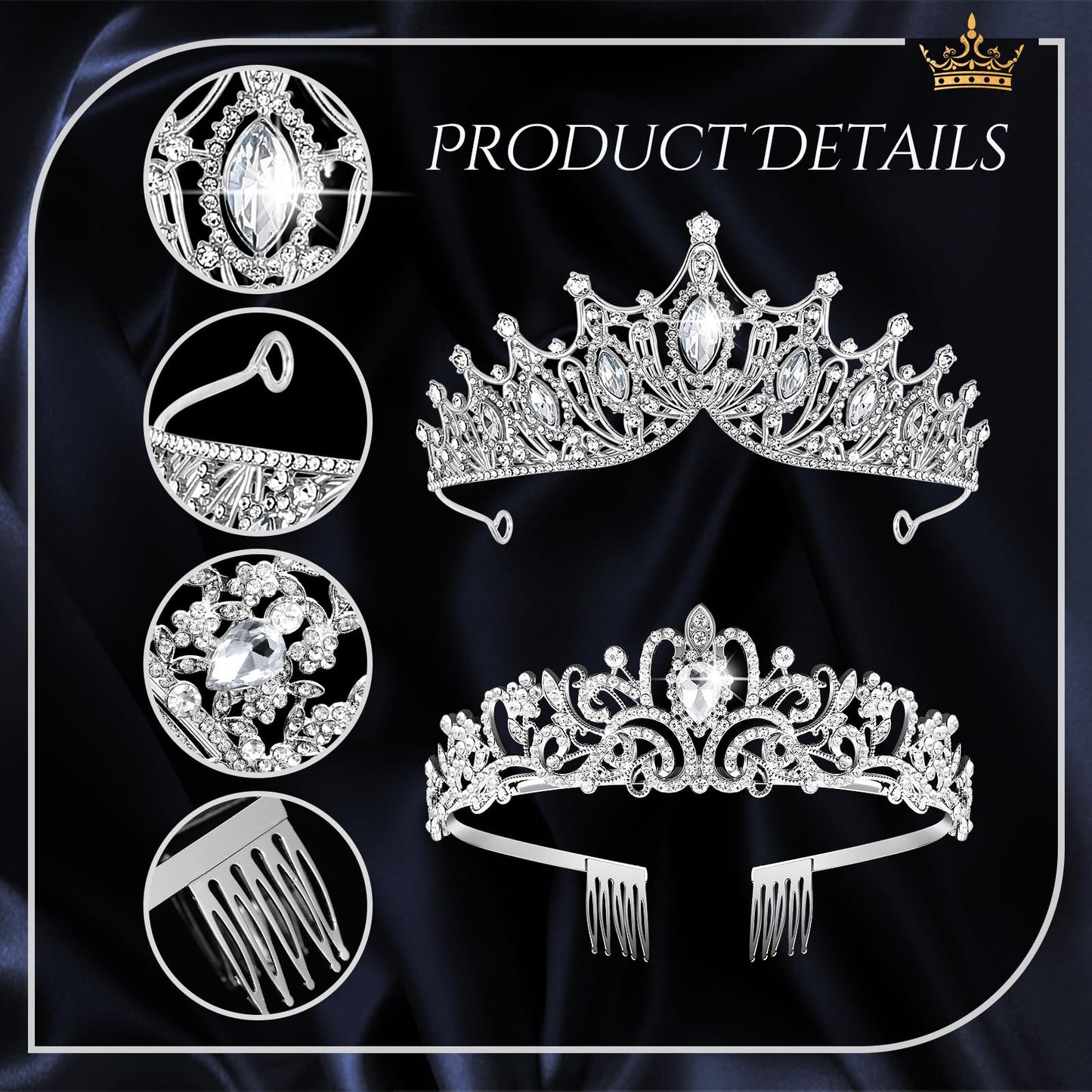 Kigeli 4 Pack Queen Crowns for Women Pageant Crown with Combs Princess Rhinestones Tiara Headband Prom Tiara for Quinceanera Birthday Cosplay Wedding(Silver)