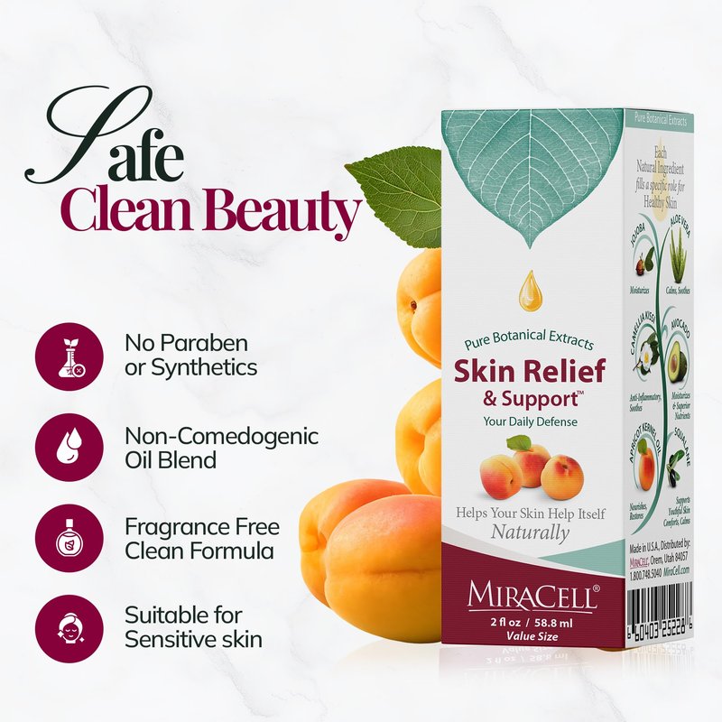 Miracell Skin Relief & Support Oil | Natural Moisturizer for Dry, Sensitive, or Irritated Skin | Soothes Cuts, Scrapes, Bug Bites, Sunburn, Chafing, Rough Hands, Cracked Cuticles & Windburn | 2 oz