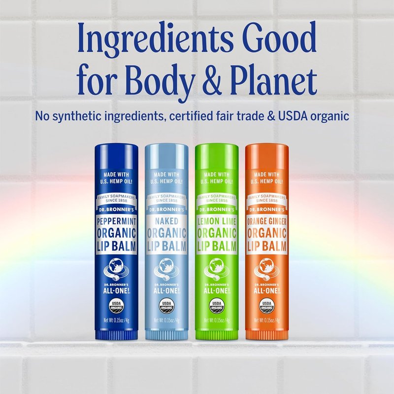 Dr. Bronner's Organic Lip Balm Variety Pack - Peppermint, Orange Ginger, Lemon Lime | 0.15 oz Each, Moisturizing Beeswax & Avocado Oil