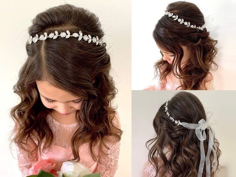 SWEETV 2pcs Flower Girl Headpiece Sliver Wedding Headband for Girls, Crystal & Pearl Hair Accessories for Birthday Party, First Communion