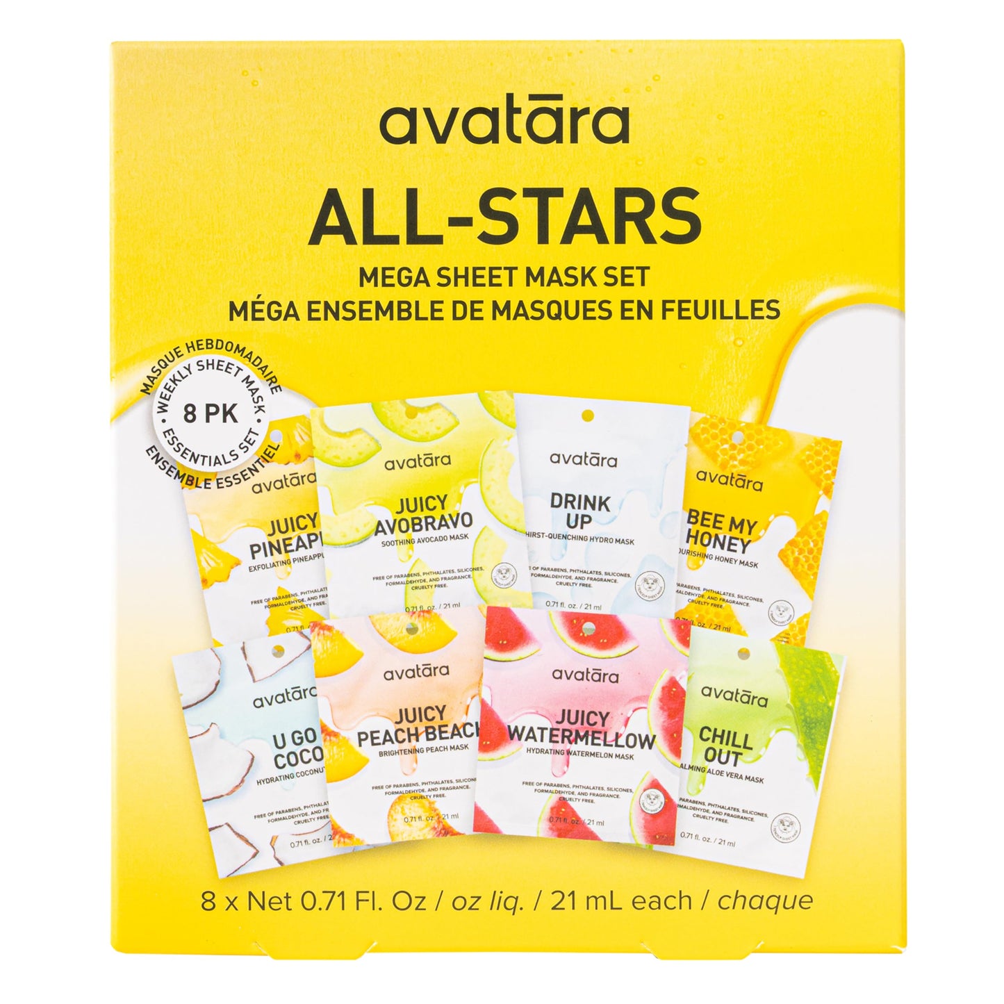 Avatara All-Star Sheet Mask Variety 8-Pack - Hydrating Korean Beauty Face Masks for Tweens and Teens - With Watermelon, Peach, and Aloe - Cruelty-Free, Synthetic Fragrance-Free