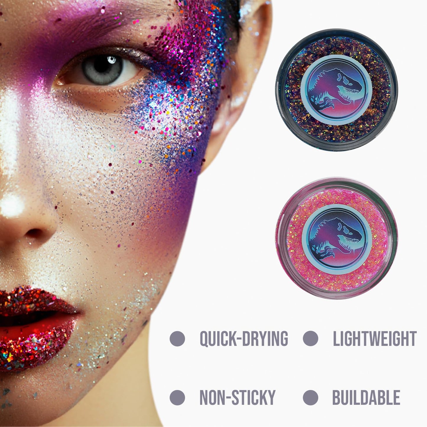 Profusion Cosmetics Jurassic World 2 Shade Glitter Gel - Lightweight Face & Body Gel, Quick-Drying, Hydrating & Non-Sticky Formula for All-Day Radiant Glow