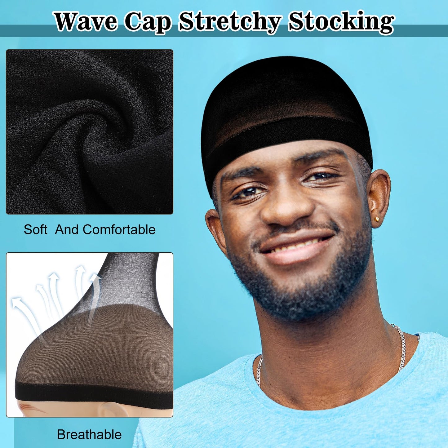 Ramede 120 Pcs Stocking Wave Cap for Men Adult Stretchy Nylon Skull Wave Lightweight Beanie Caps Waves for Man Women (Black)