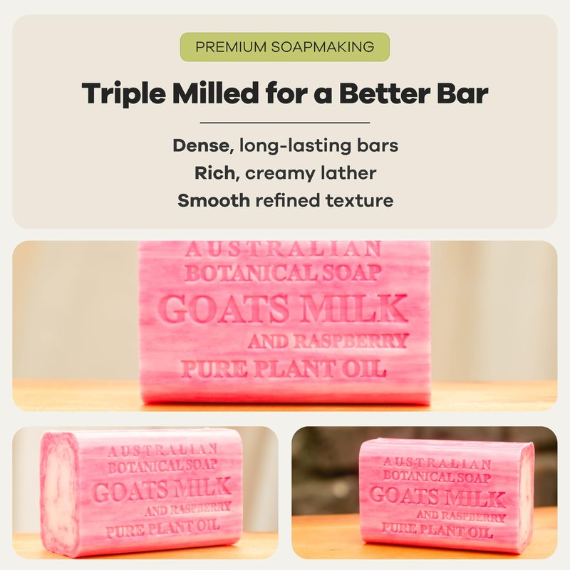 Australian Botanical Goats Milk Soap and Raspberry, 6.6 OZ, Triple Milled Bars made with a Natural Soap Base and Enriched with Organic African Shea Butter, Pack of 8