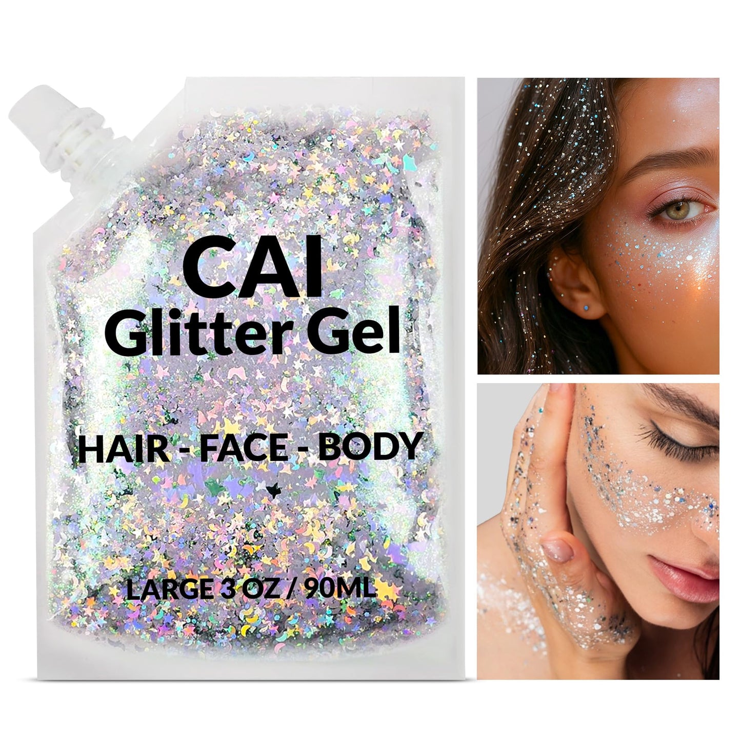 Face, Body & Hair Glitter Gel – Halloween Glitter for Kids and Women – 3 Oz Cosmetic-Grade Gel w/Moon & Stars for Festivals & Halloween Party