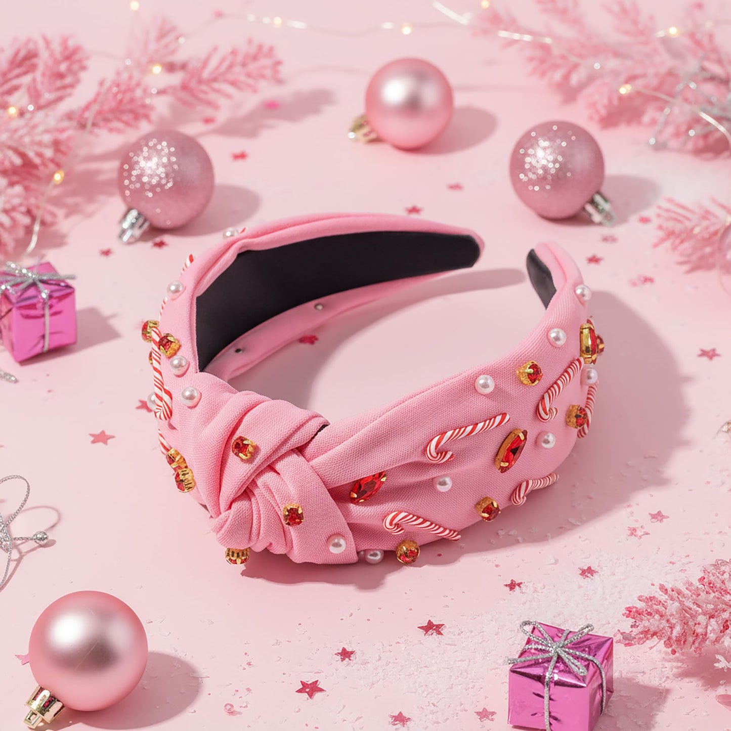 PANTIDE Christmas Jeweled Knotted Headband - Xmas Candy Cane Rhinestone Crystal Pearl Embellished Headband None Slip Wide Top Knot Fashion Hairband Hair Accessories Birthday Gift for Women Girl (Pink)