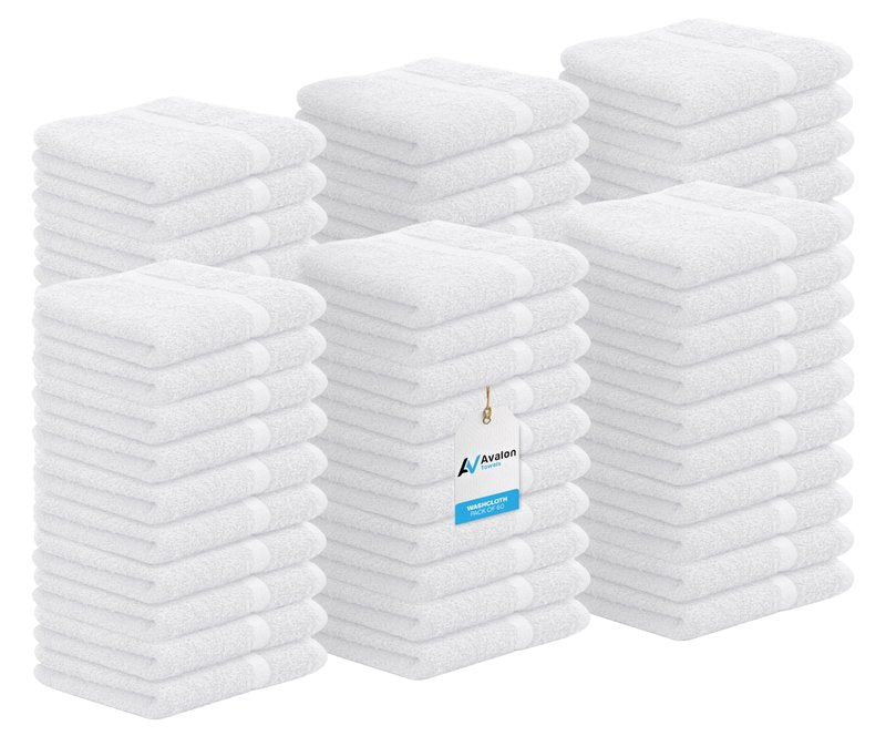 Avalon Towels Cotton Washcloths – (Pack of 60) Size 12x12 Inches, 100% Ring Spun Cotton, Soft & Absorbent Face Towels, Gym Towels, Hotel and Spa Quality, Reusable Fingertip Towels (White)