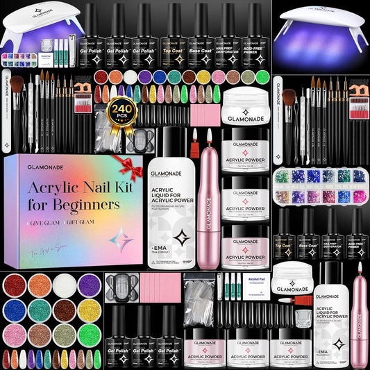 Glamonade Acrylic Nail Kit for Beginners: Professional Nail Set with Drill Acrylic Powder Gel Polish Nail Stamp for Home Starter Practice & DIY Manicure