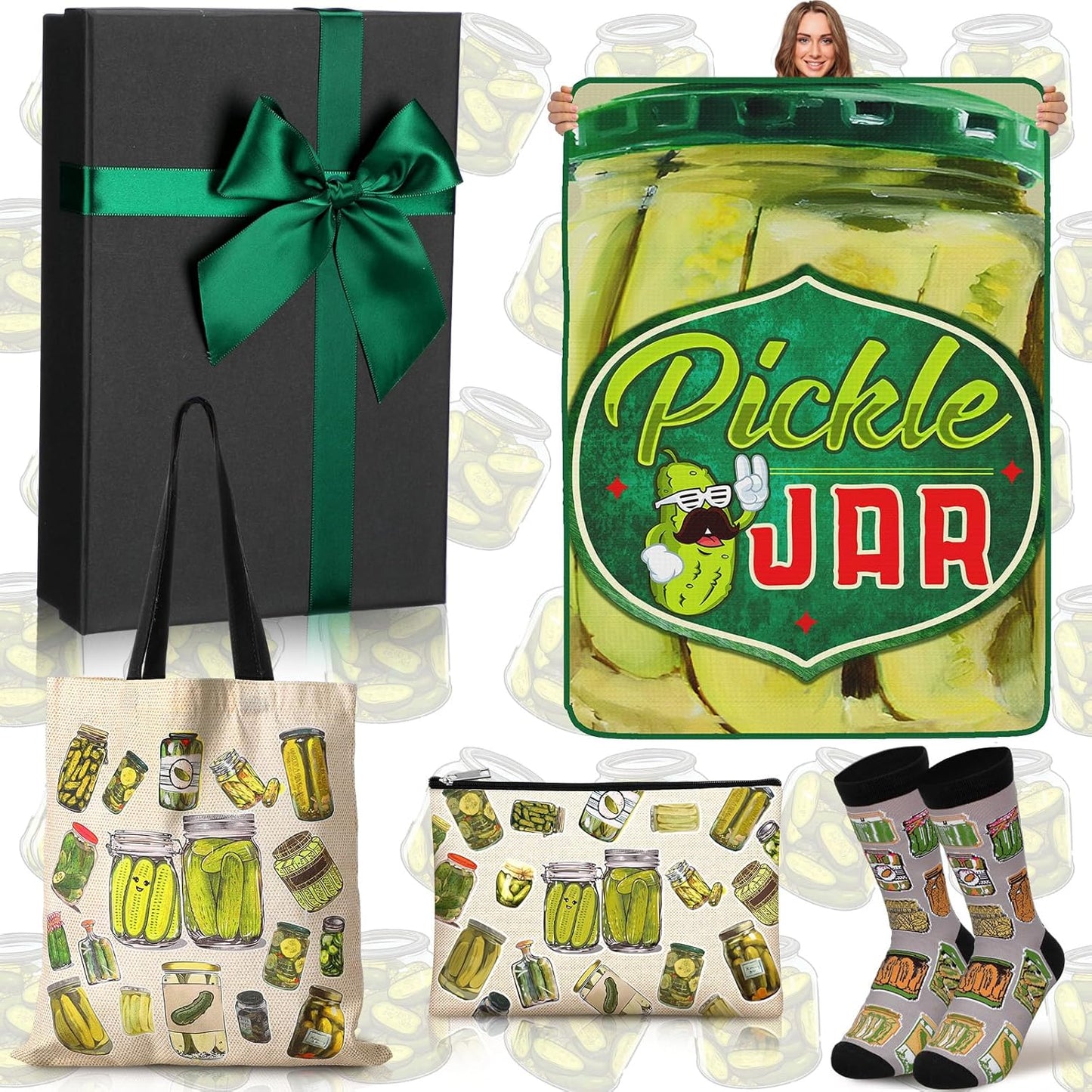 Funny Pickle Gifts Set for Women - 4 Pcs Pickle Lovers Bundle | Blanket, Tote Bag, Makeup Bag & Socks