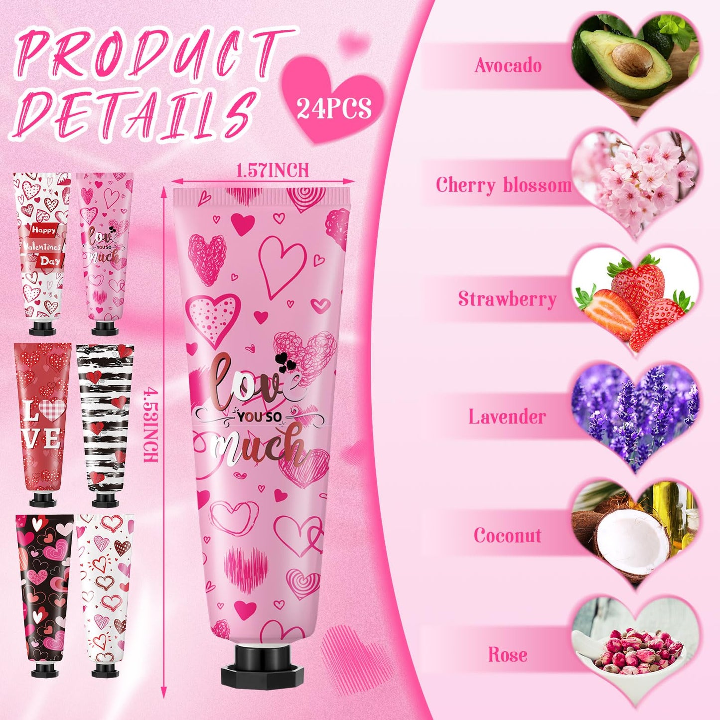 24 Pcs Valentine's Day Hand Cream Gift Bulk Valentine Gift Basket Stuffers Love Heart Moisturizing Galentine's Hand Lotion Bulk Small Dry Cracked Care Cream for Women Friends Seniors Clients, 30 ml