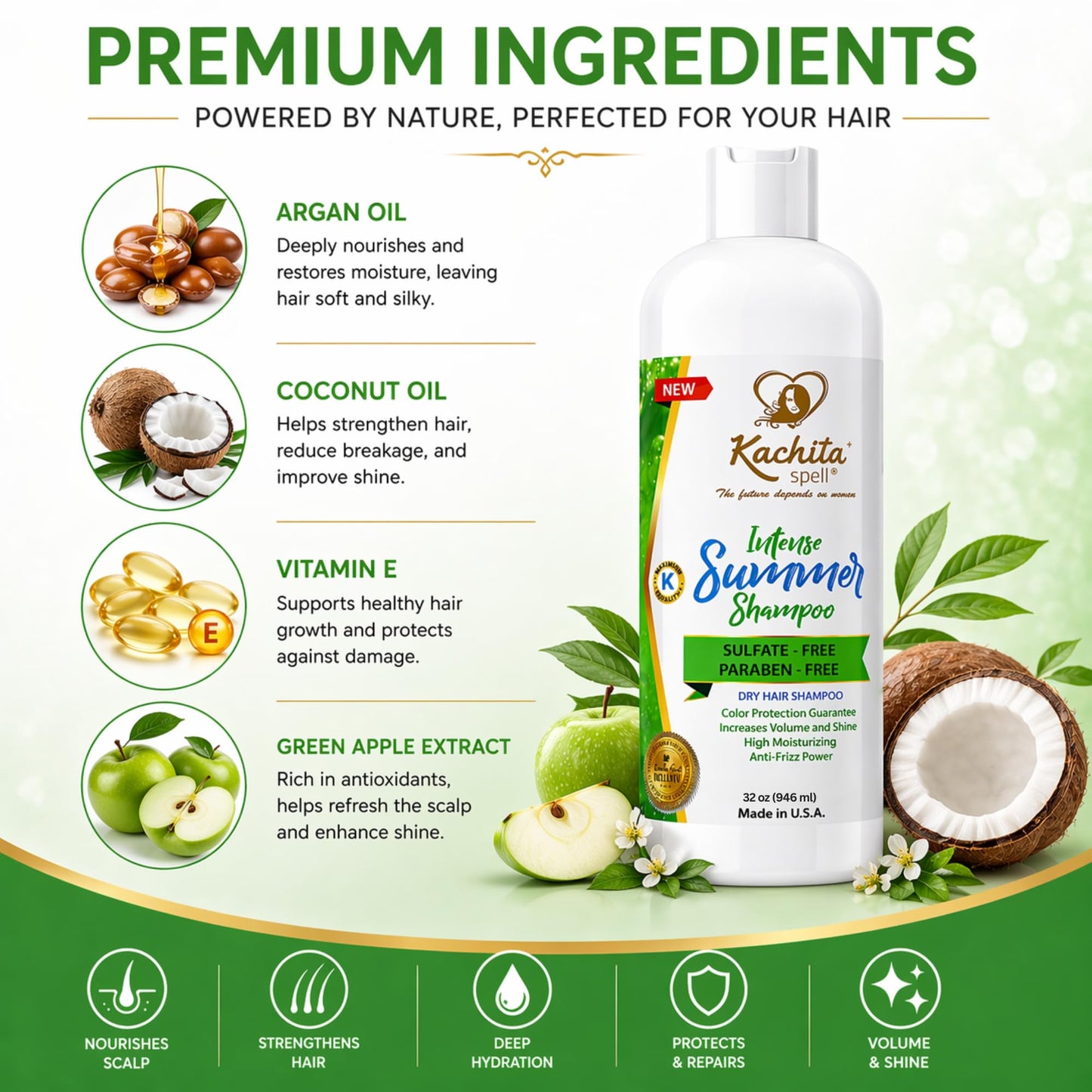 Kachita Spell New Hydrate Moisturizing Shampoo Intense Summer Sulfate and Paraben Free For Medium to Thick Dry, Color Treated Hair Made in USA 32 floz
