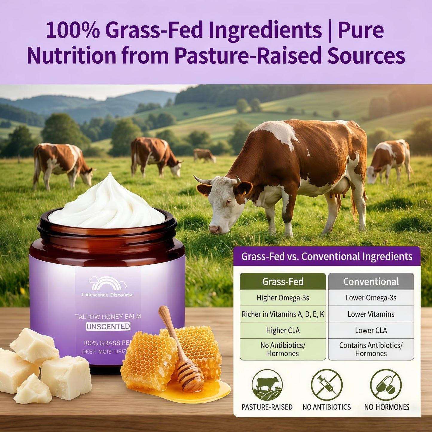 Iridescence Discourse Beef Tallow for Skin, Grass-Fed Tallow and Honey Balm, Nourishing Tallow Face Moisturizer – Natural Beef Tallow for Dry, Sensitive, or Irritated Skin–Unscented–4oz
