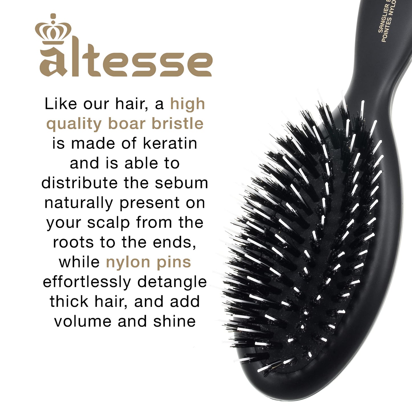 Altesse 8907 Natural Bristle Hair Brush Detangler Brush Medium Air Cushion Matte Black Handle with 7 Rows of Black Boar Bristle and Nylon Hairbrush for Thick Hair Styling and Detangling Made in France