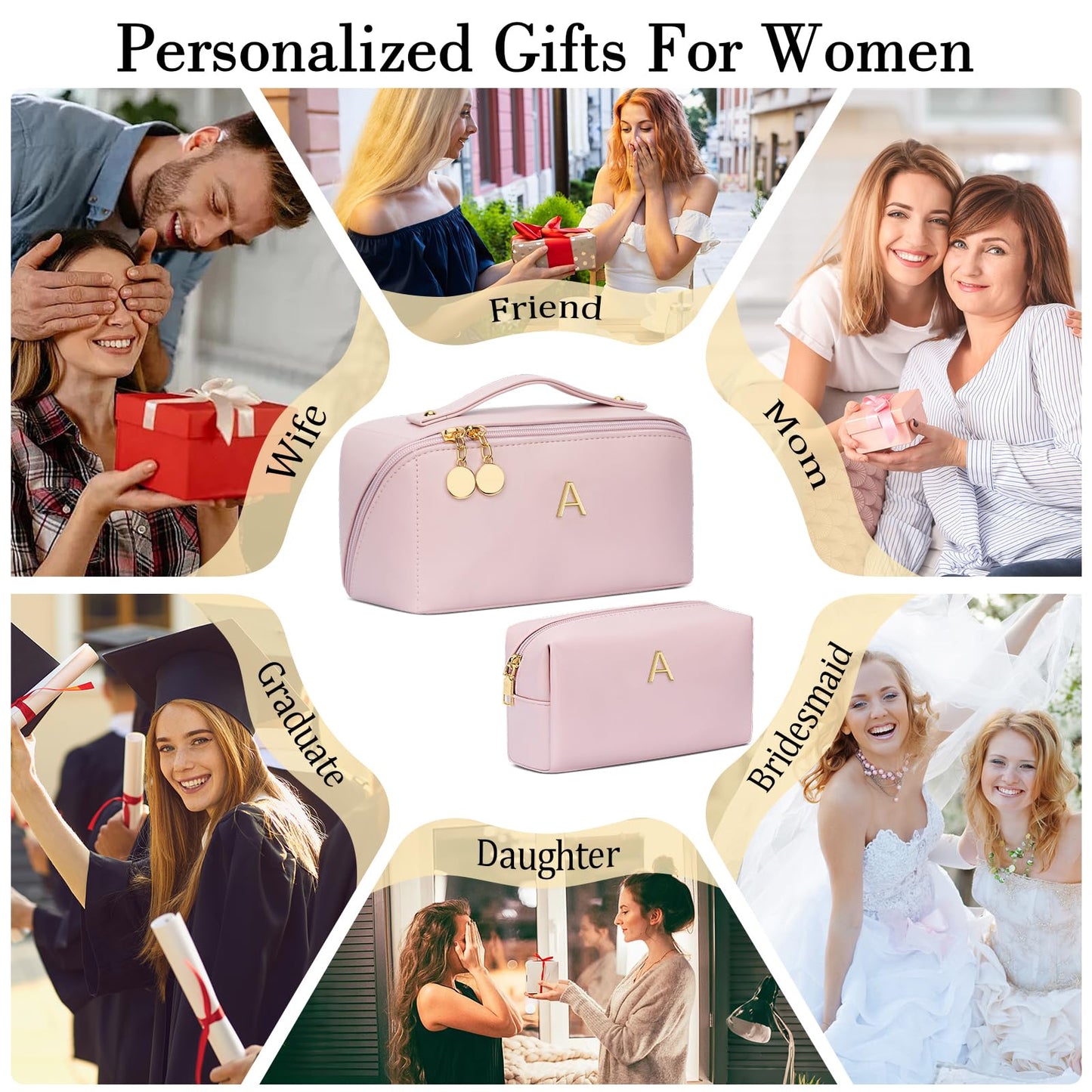 CLOUDWINGS Birthday Gifts for Women Teen Girl, Personalized Initial Makeup Organizer Bag Set, Open Flat Travel Cosmetic Bag With Clear Divider and Handle(Pink,A)