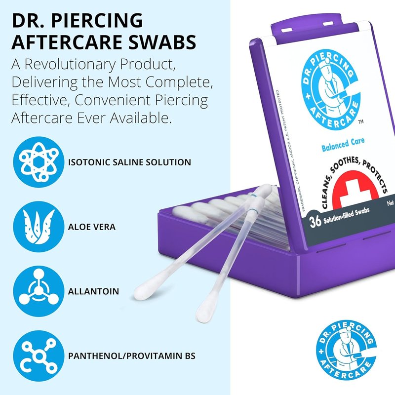 Dr. Piercing Aftercare Swabs - Saline Solution for Earring, Nose & Belly Piercings | 72 Swabs (2-Pack)