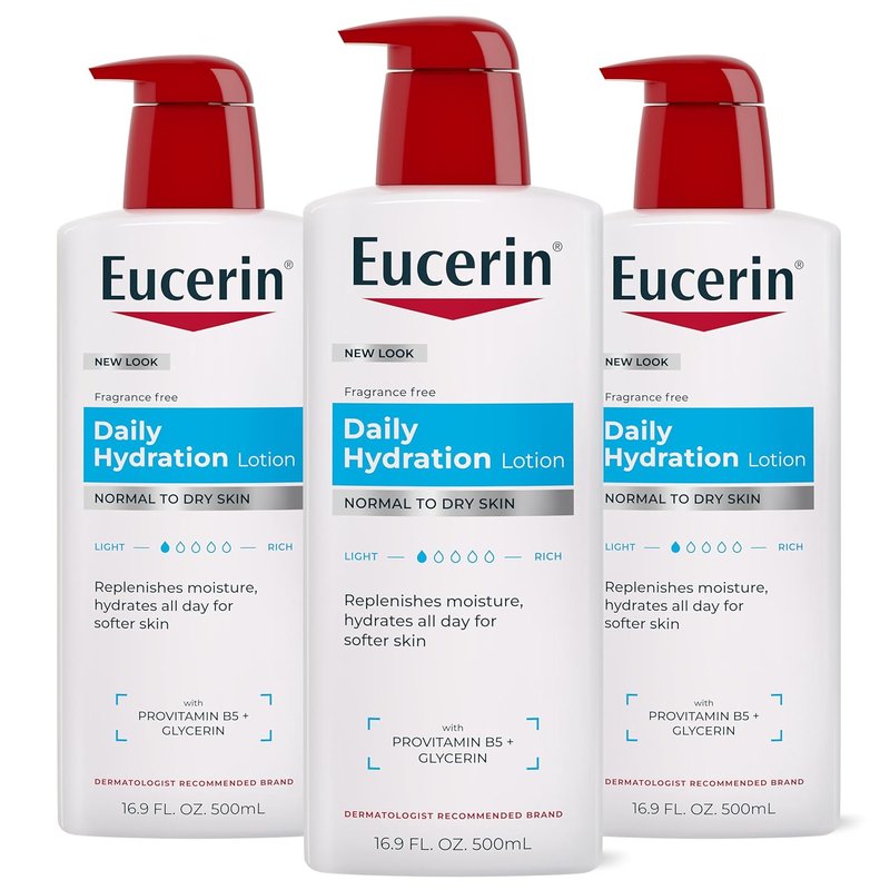 Eucerin Daily Hydration Body Lotion - Unscented Moisturizer with Sunflower Oil & Pro-Vitamin B5 | 16.9 Fl Oz, Pack of 3
