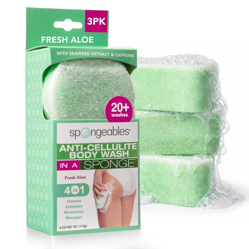Spongeables Anti Cellulite Body Wash in a 20+ Wash Sponge, Fresh Aloe, 3 Count