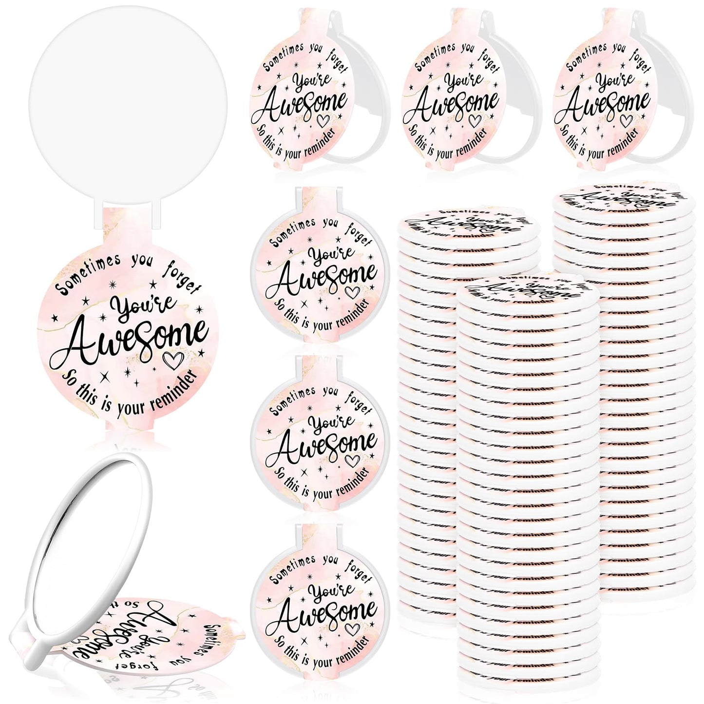 Huwena 100 Pcs Inspirational Compact Mirror Bulk Mini Gifts Women Round Purse Pocket Mirror, Mothers Day Employee Appreciation Gifts, Wedding Party Favors for Guests(Pink,Inspirational)