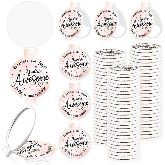 Huwena 100 Pcs Inspirational Compact Mirror Bulk Mini Gifts Women Round Purse Pocket Mirror, Mothers Day Employee Appreciation Gifts, Wedding Party Favors for Guests(Pink,Inspirational)