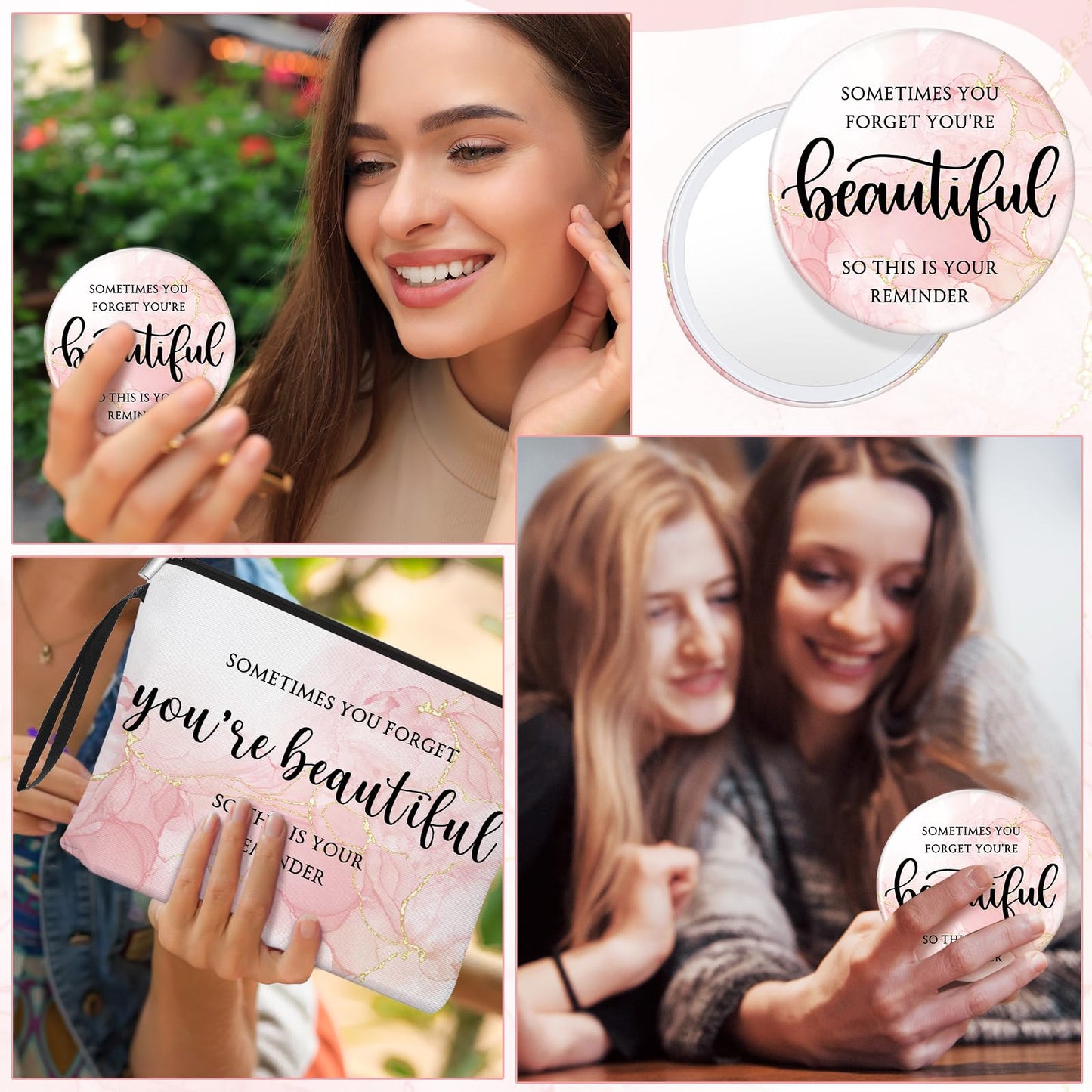 Beeveer 20 Sets Pink Inspirational Gift for Women, Appreciation Gift Bulk for End of Year Teacher, Sometimes You Forget You're Beautiful Makeup Bag and Compact Mirror for Mother Client Nurse Employee