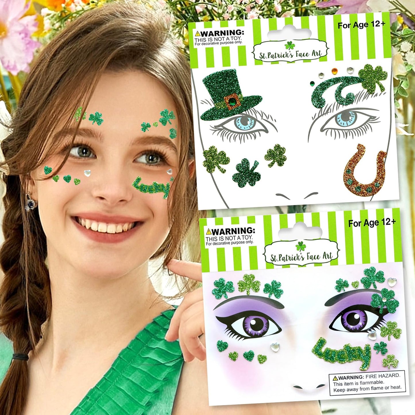 St. Patrick’s Day Face Gems Sticker,Glitter Shamrock Face Sticker for Women,Clover Temporary Stickers,Waterproof Sticker Face Eye Decoration for Adult Child 2Sheets