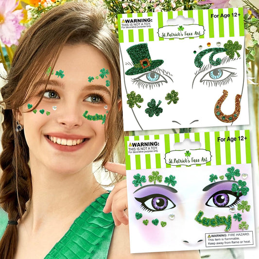 St. Patrick’s Day Face Gems Sticker,Glitter Shamrock Face Sticker for Women,Clover Temporary Stickers,Waterproof Sticker Face Eye Decoration for Adult Child 2Sheets