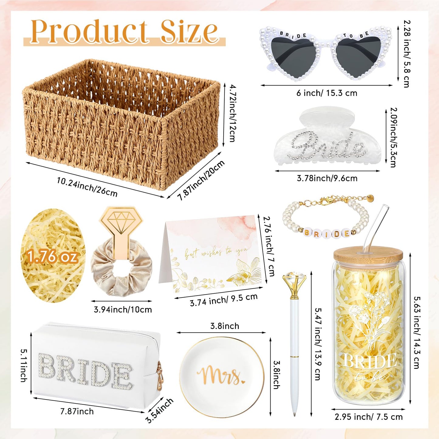 LemonRoad 11 Pcs Bride Gifts Basket Set for Bridal Shower Bachelorette Party Heart Glasses Glass Cup Makeup Bag Bracelet Claw Clip Scrunchies Card Bride to Be Box Wedding Engagement Gifts for Her