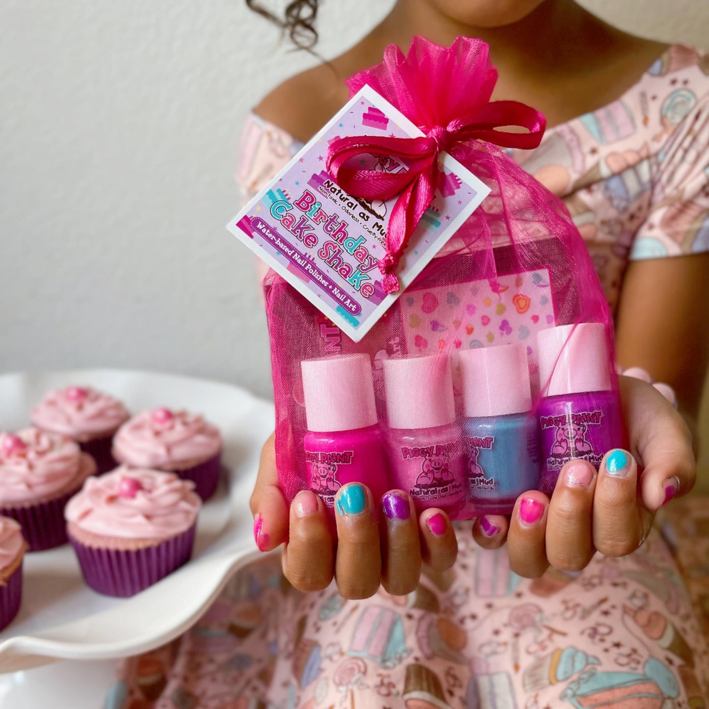 Piggy Paint | 100% Non-Toxic Girls Nail Polish | Safe, Cruelty-free, Vegan, & Low Odor for Kids | Birthday Cake Shake Set (4 Polish + Nail Art Gift Set)