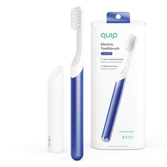 Quip Sonic Toothbrush for Adults - Timed Electric Toothbrush with Cover - Replaceable Brush Head, Soft Bristles, Metal Handle, 3 Month Battery Life - Travel Toothbrush - Indigo