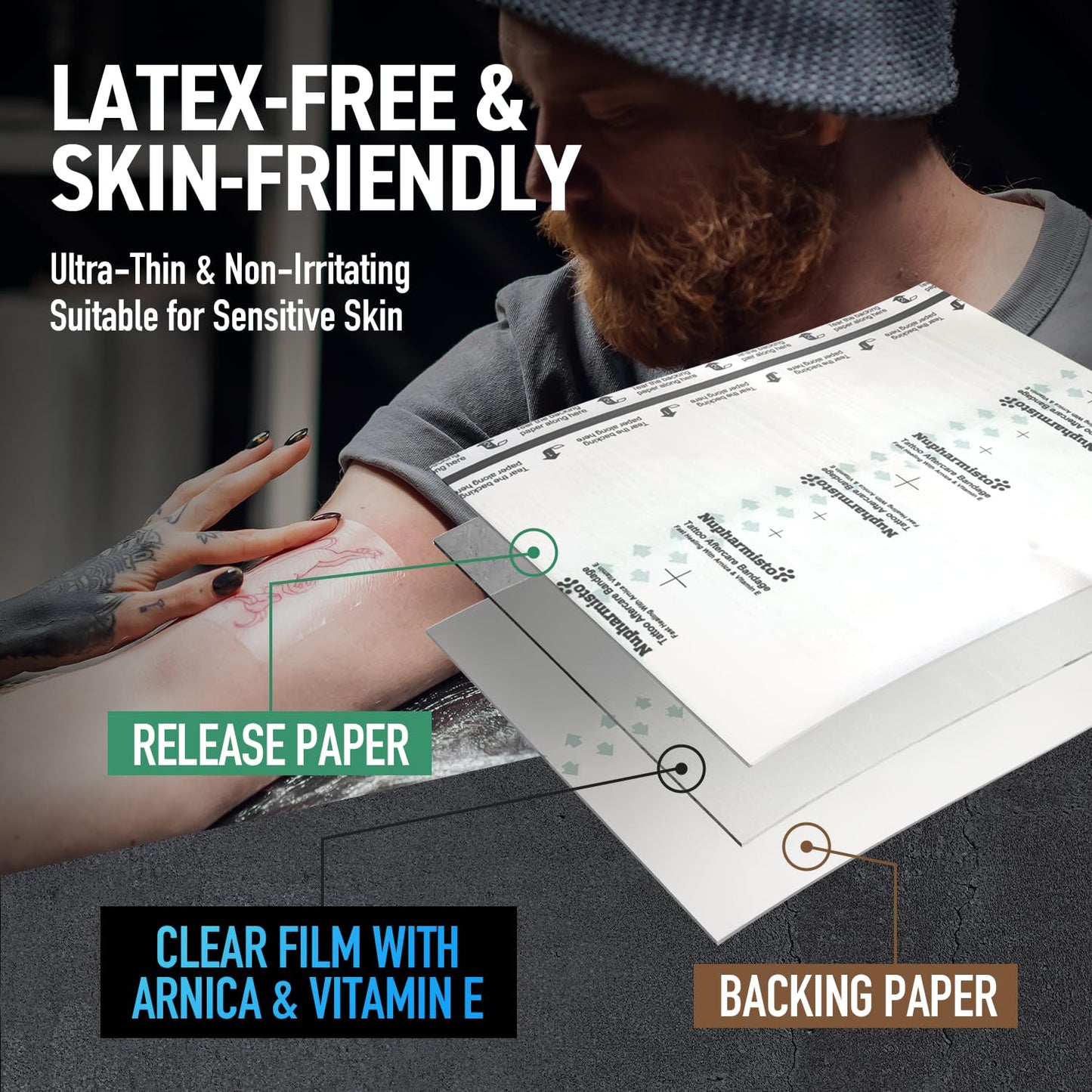 Tattoo Aftercare Bandage For Skin Waterproof: 10 in x 4yd Second Skin Cover Fast Healing With Arnica & Vitamin E - Sterile Aftercare Wrap For New Tattoo For Swimming Shower For Man Women (10 in x 4yd)