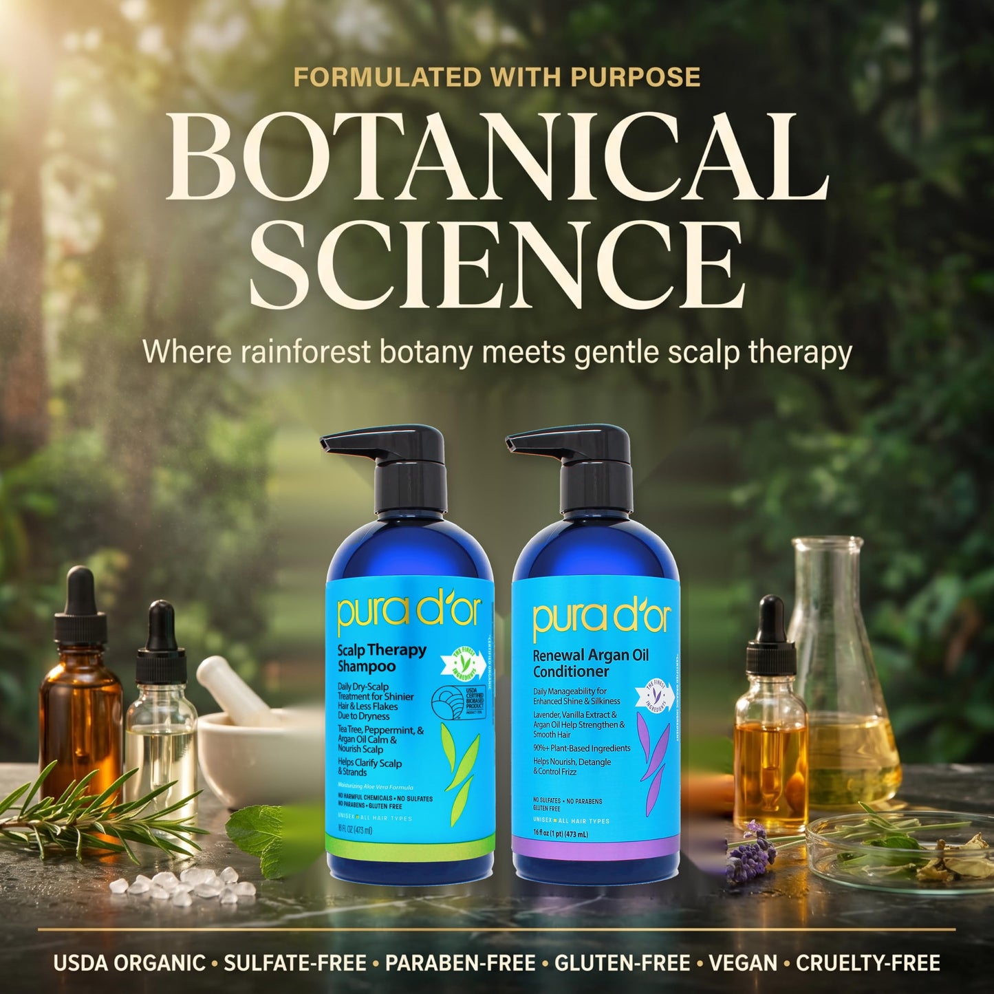 PURA D'OR Scalp Therapy Shampoo & Conditioner Set (16oz x 2) Dry, Itchy Scalp-Hydrates & Nourishes Hair w/Tea Tree, Peppermint, Argan Oil & Biotin, All Hair Type, Men Women (Packaging Varies)