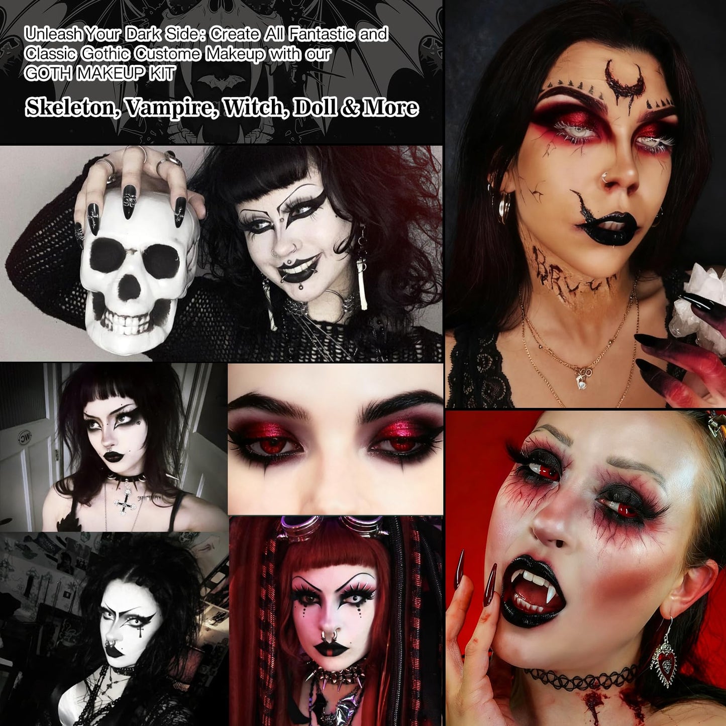 Goth Makeup Kit – Complete Gothic Make up Set for Vampire, Witch, Clown, Emo, Grunge, Theater, Halloween SFX with White Foundation, Red Eyeshadow Palette, Black Lipstick, Eyelashes, Eyeliner, Nails
