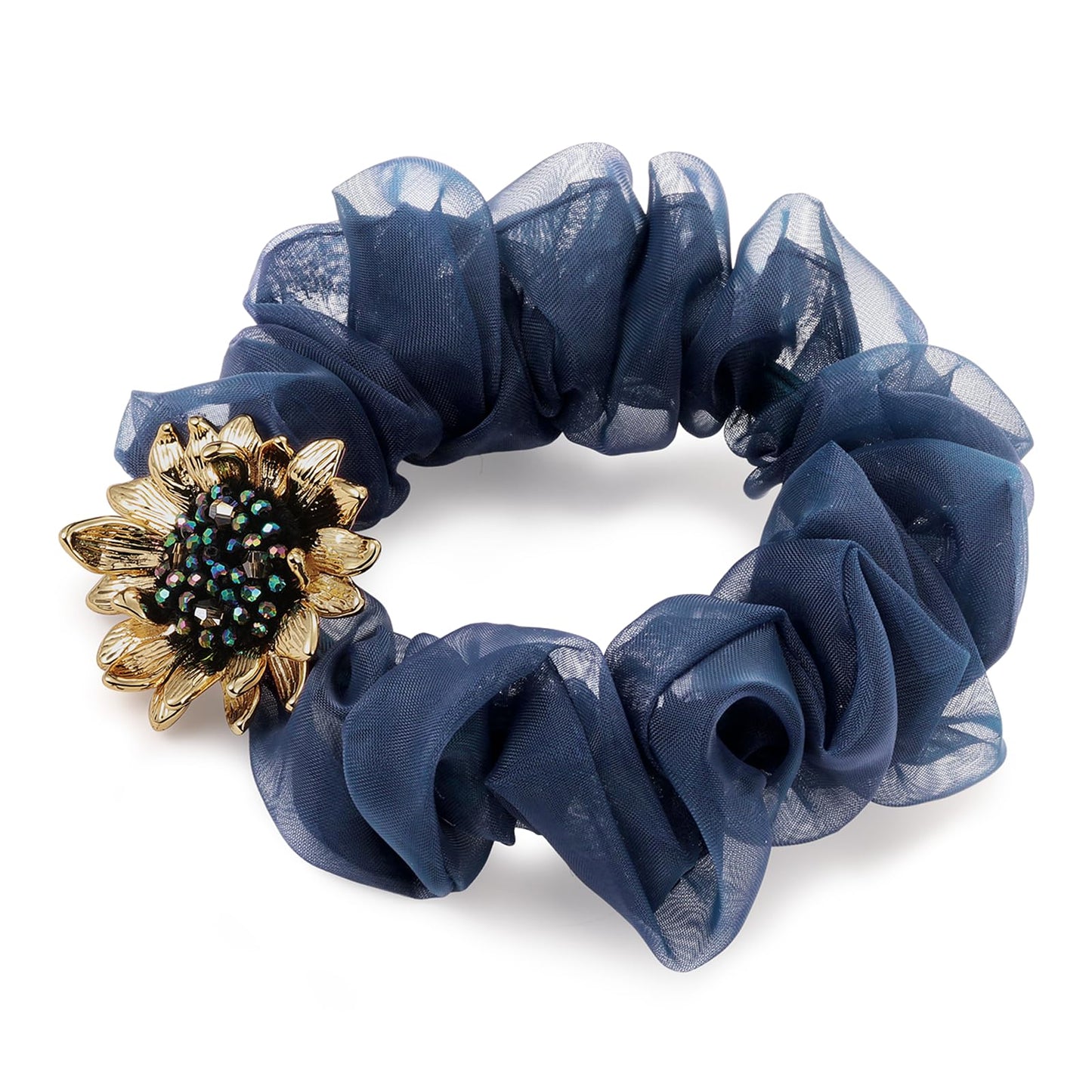 SHE'S FREE STYLE JUST FOR YOU Handmade Van Gogh Sunflower Beaded Crystal Hair Ties no damage, Elegant Sunflower hair Scrunchies, Floral ponytail holders gift for women girls (Navy blue)