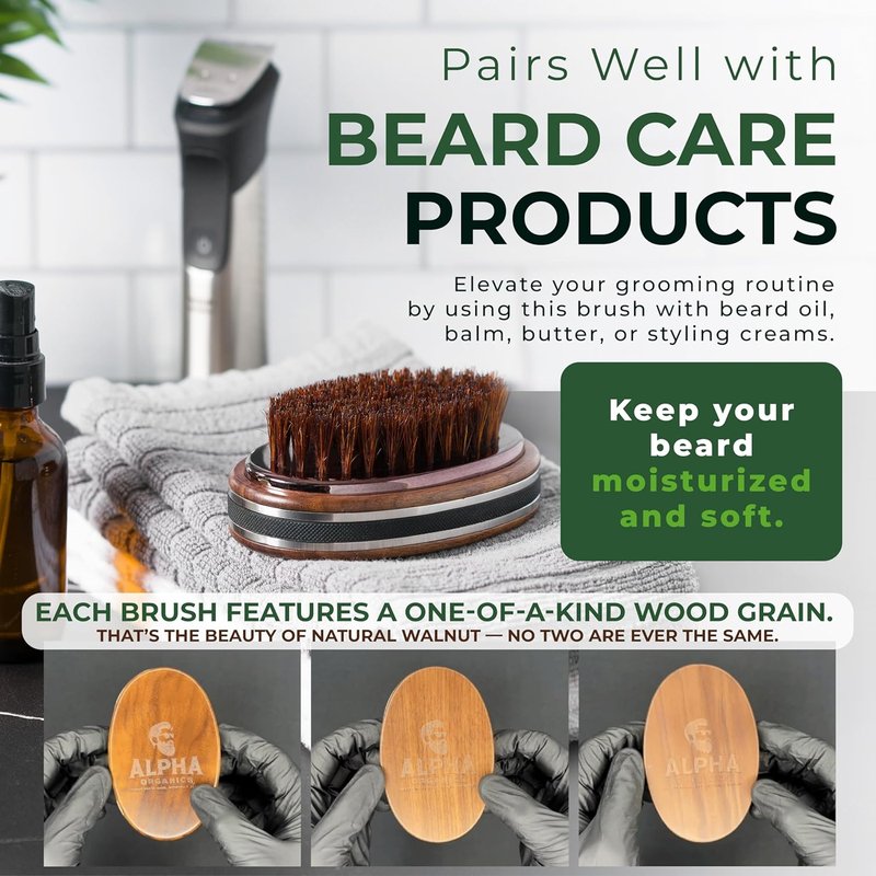 Premium Handmade Boar Bristle Beard Brush for Men - Natural Walnut Wood & Non-Slip Grip | Ideal for All Beard Lengths