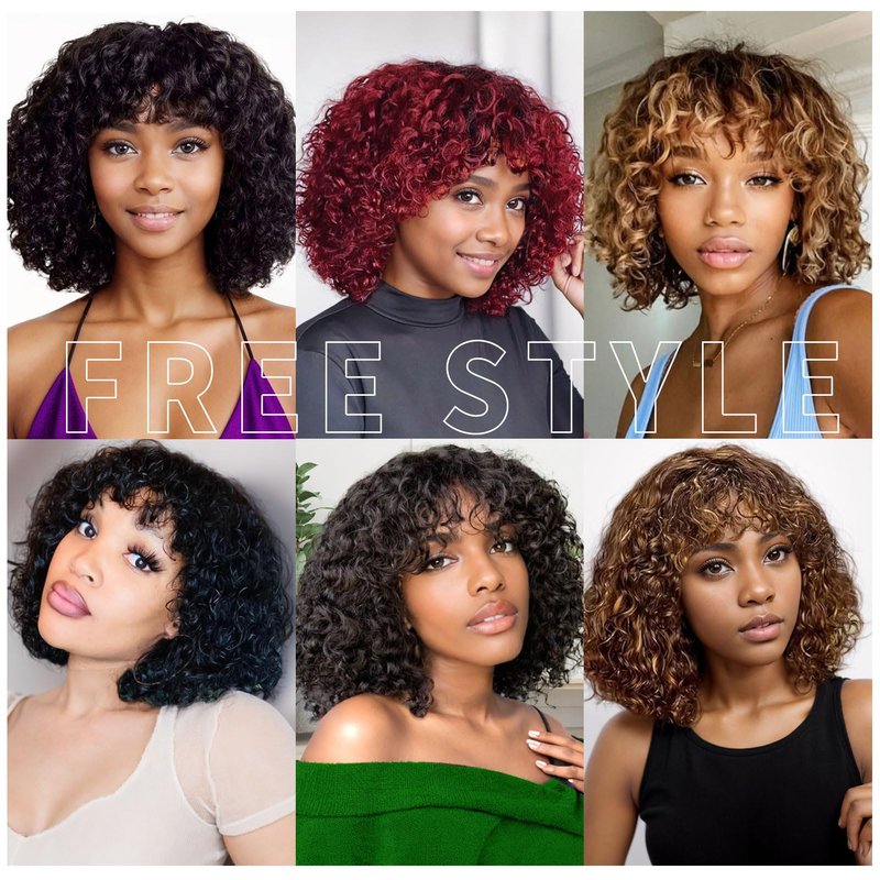 REMESSE Short Curly Bob Wig Human Hair With Bangs Short Curly Human Hair Wig For Black Women Glueless 250% Density Short Water Wave Human Hair Wig With Bangs 99J 10Inch