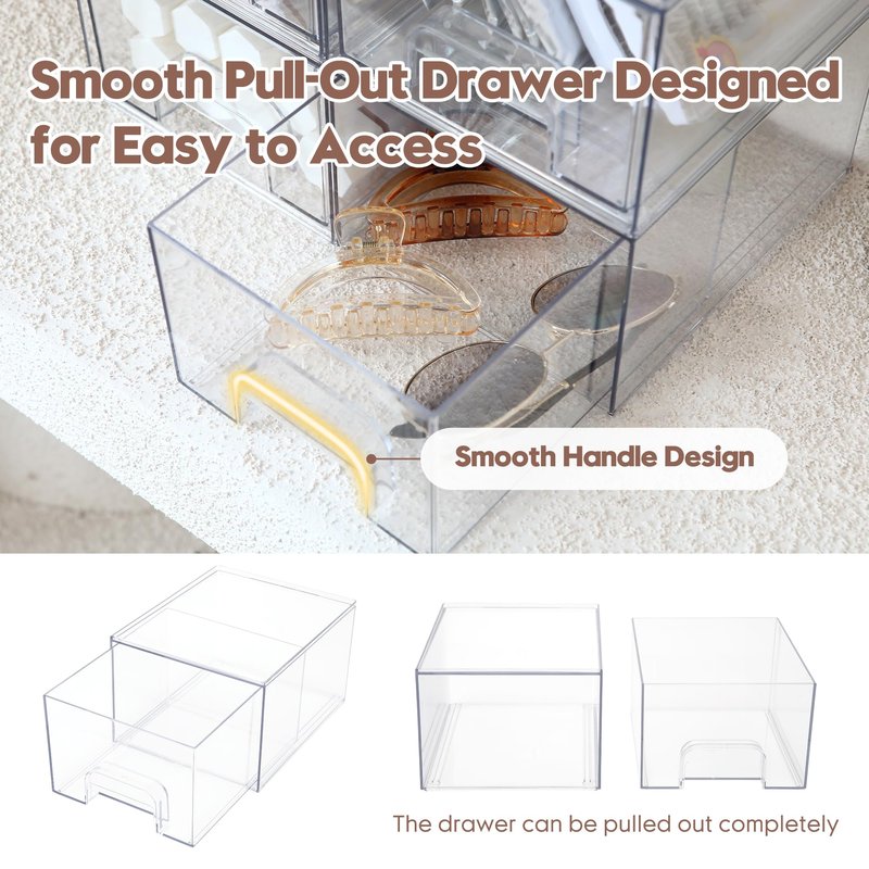 Sea Team 4-Pack Clear Makeup Organizer with Drawers, Acrylic Plastic Cosmetic Display Case, Jewelry Storage Box, Holder for Dresser, Bathroom, Vanity, Kitchen Cabinets, Pantry, Countertop