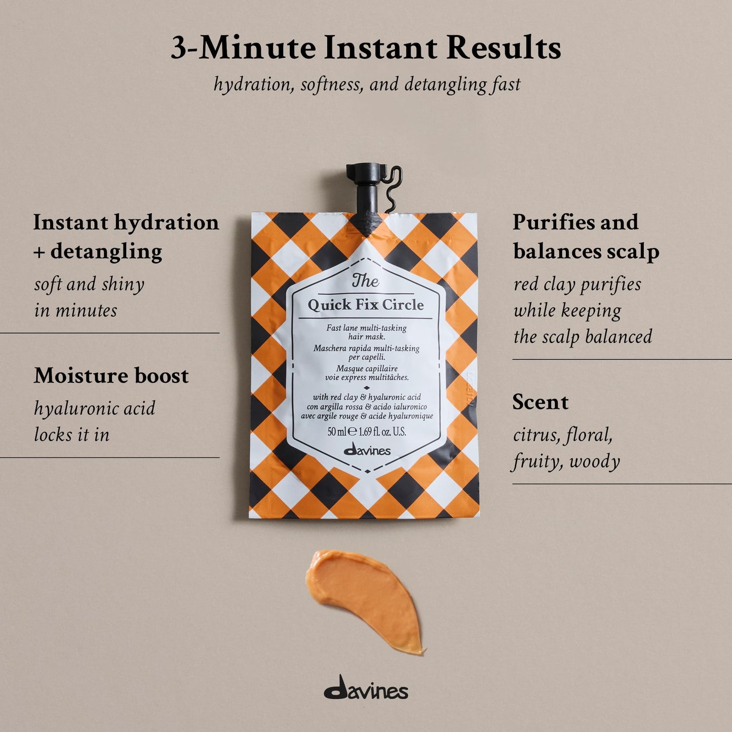 Davines The Quick Fix Circle, Fast-Acting Hydrating Hair Mask - Moisturizes & Detangles in 3 Minutes with Red Clay & Hyaluronic Acid - Instant Volume & Shine, 1.69 Fl Oz