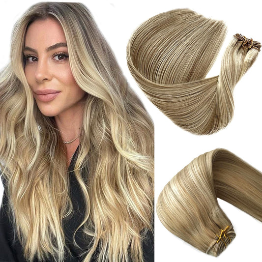 Sew in Hair Wefts Human Hair Extensions Balayage Blonde Highlights to Platinum Blonde Hand Tied Weft Hair Extensions Human Hair 14 Inch Double Weft Sew in Hair Extensions Real Human Hair Full Head
