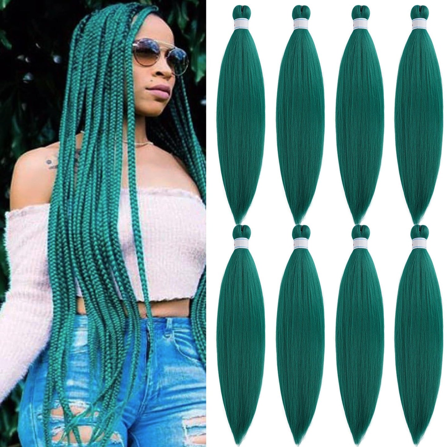 Ai Yuchen Pre Stretched Braiding Hair Green Knotless Teal Braiding Hair Pre Stretched Colored Hair Extensions for Braiding Box Braids Prestretched Braiding Hair 26 inch