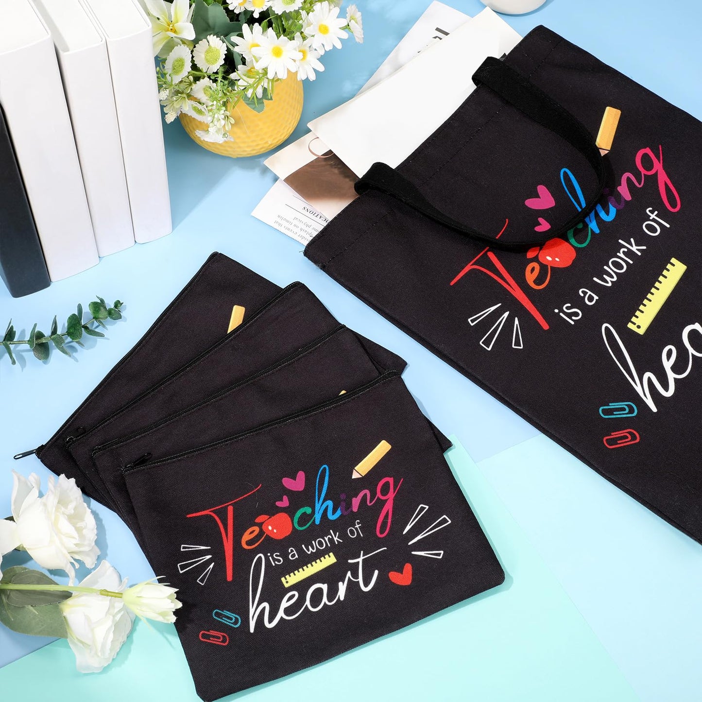 Kacctyen 12 Pcs Teacher Graduation Appreciation Gifts 6 Reusable Grocery Bag 6 Cosmetic Bags Thank You Women Gifts(Teaching is a Work of Heart)