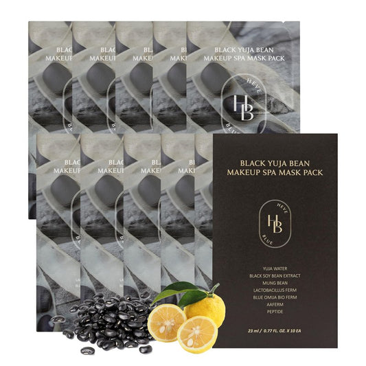 HEVEBLUE Black Yuja Bean Makeup Spa Mask Pack 10ea - 0.8 Fl. Oz of Ampoule Per Sheet, Nourishing, Sensitive Skin, Korean Skincare, Aesthetic, Moisturizing, Vegan, Hypoallergenic, K-Beauty