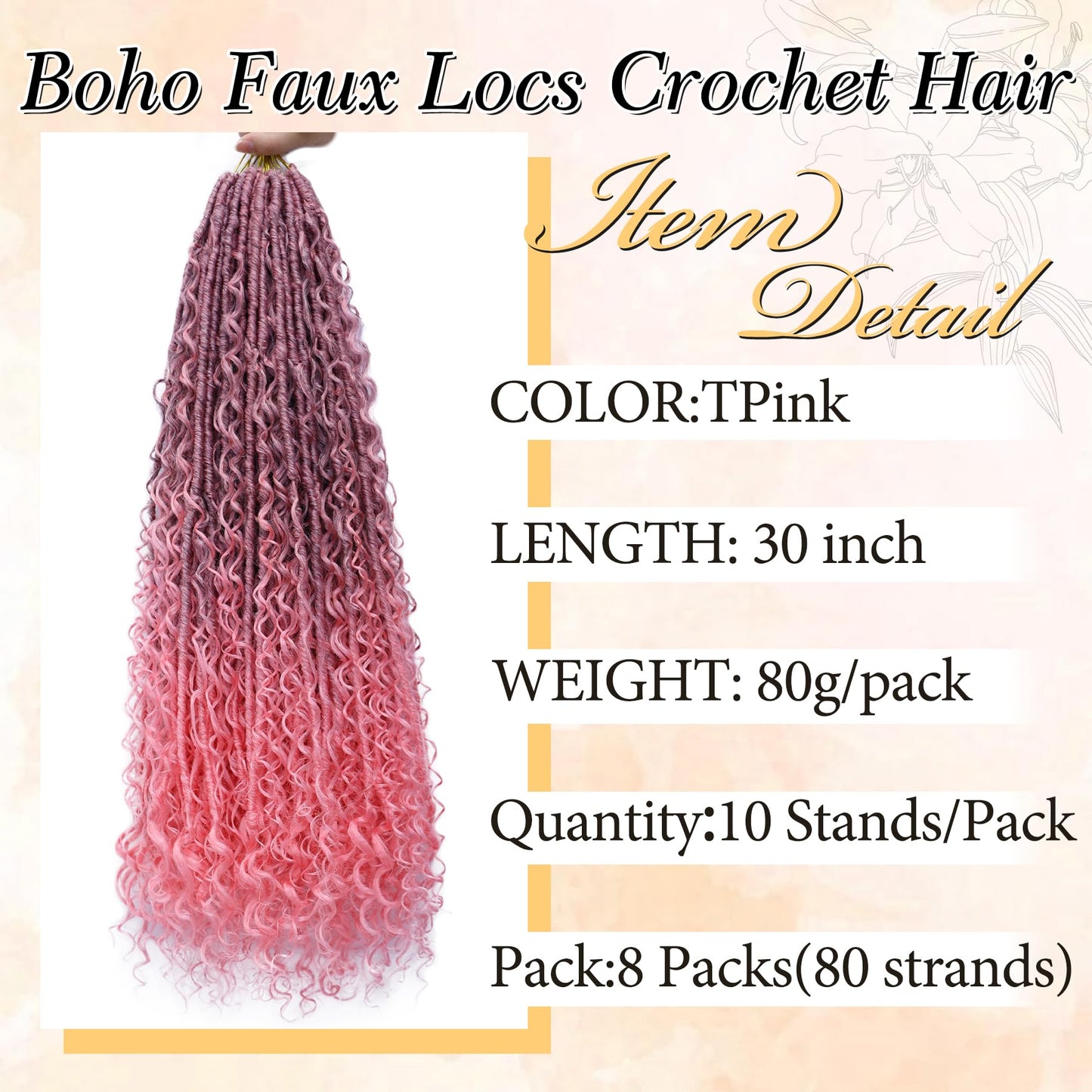 Goddess Locs Crochet Hair for Black Women-30inch Faux Locs Crochet Hair 8 Packs Synthetic Pre-Looped with Curly Ends(8Pack,30inch,TPink)