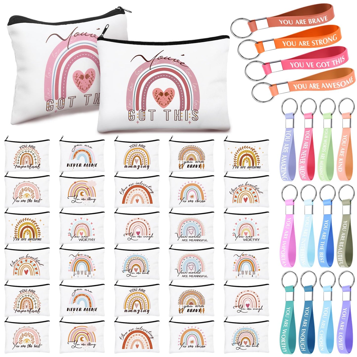 Hillban 64 Pcs CNA Week Bulk Gift Rainbow Canvas Makeup Bag and Motivation Keychains Bulk Boho Cosmetic Bags Appreciation Thank You Gifts for Women Nurse Teacher Volunteer Coworkers
