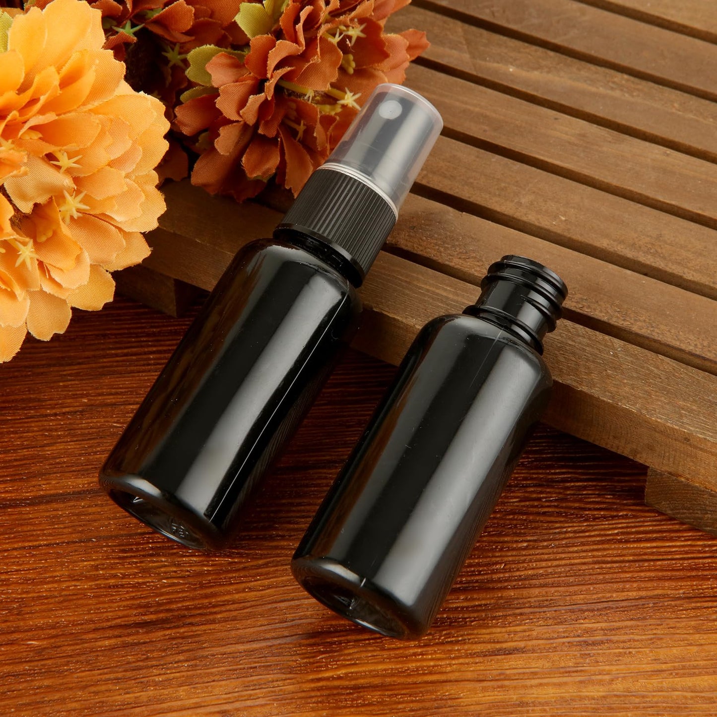 GBACHOOSE 60 Pack 1 oz Spray Bottle, Black Spray Bottle with Small Fine Mist Spray and Plastic Cap, Refillable for for Essential Oils, Bath, Beauty, Hair & Cleaning