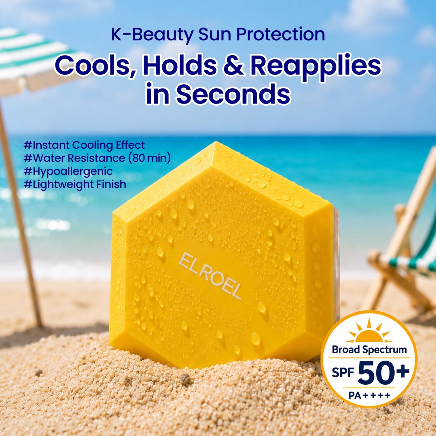 ELROEL Pang Pang Big Sun Cushion Plus - Broad Spectrum SPF 50 Face Sunscreen with 72-Hour Hydration & Cooling Effect - Sweat, Sand, Dirt & Water-Resistant - Hypoallergenic Korean Skin Care 0.88 oz
