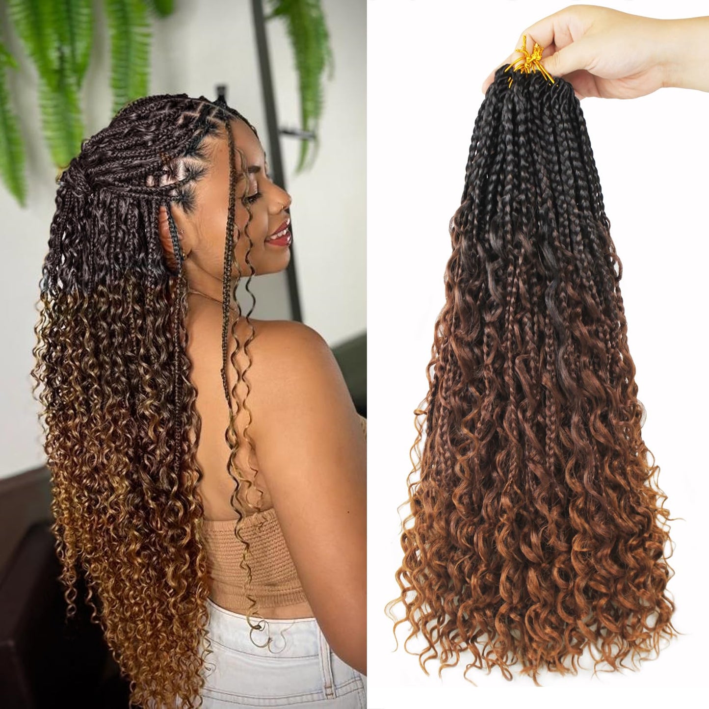 Vustbeauty 9 Packs Boho Box Braids Crochet Hair 24 Inch Goddess Box Braids Crochet Hair With Curly Ends Synthetic Bohemian Braids Hair Extension For Women (24inch,1b/4/30)