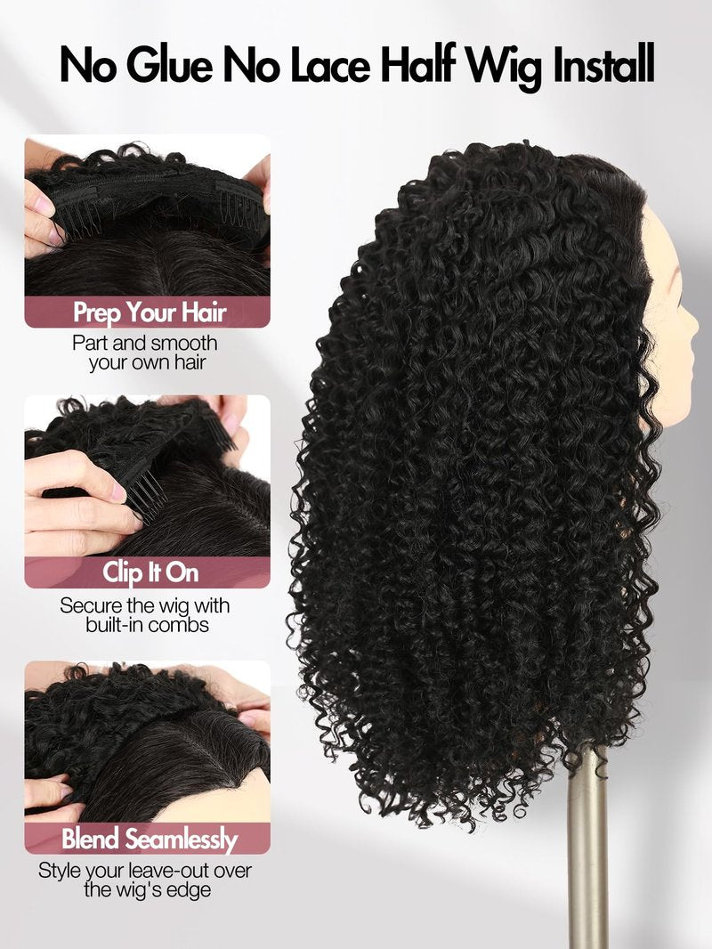 quickwig Curly Half Wig Water Wave Glueless Wigs 3 In 1 Seamless Short Half Wigs for Black Women Kinky Curly Half Wig Wear and Go Beginner Friendly Synthetic Headband Wig 16 Inch Black Color