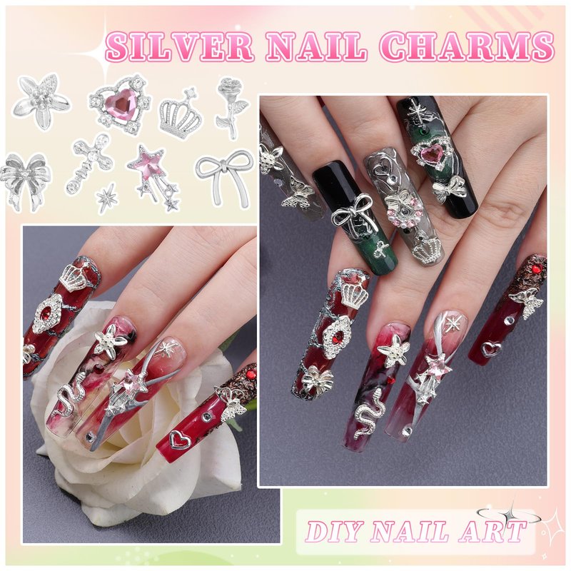 220Pcs Silver Nail Charms, 24 Styles 3D Cross Nail Charms Pink Heart Nail Rhinestones Bow Butterfly Star Crown and Virgin Mary Y2K Shiny Jewelry with Tweezer for Nail Art Supplies