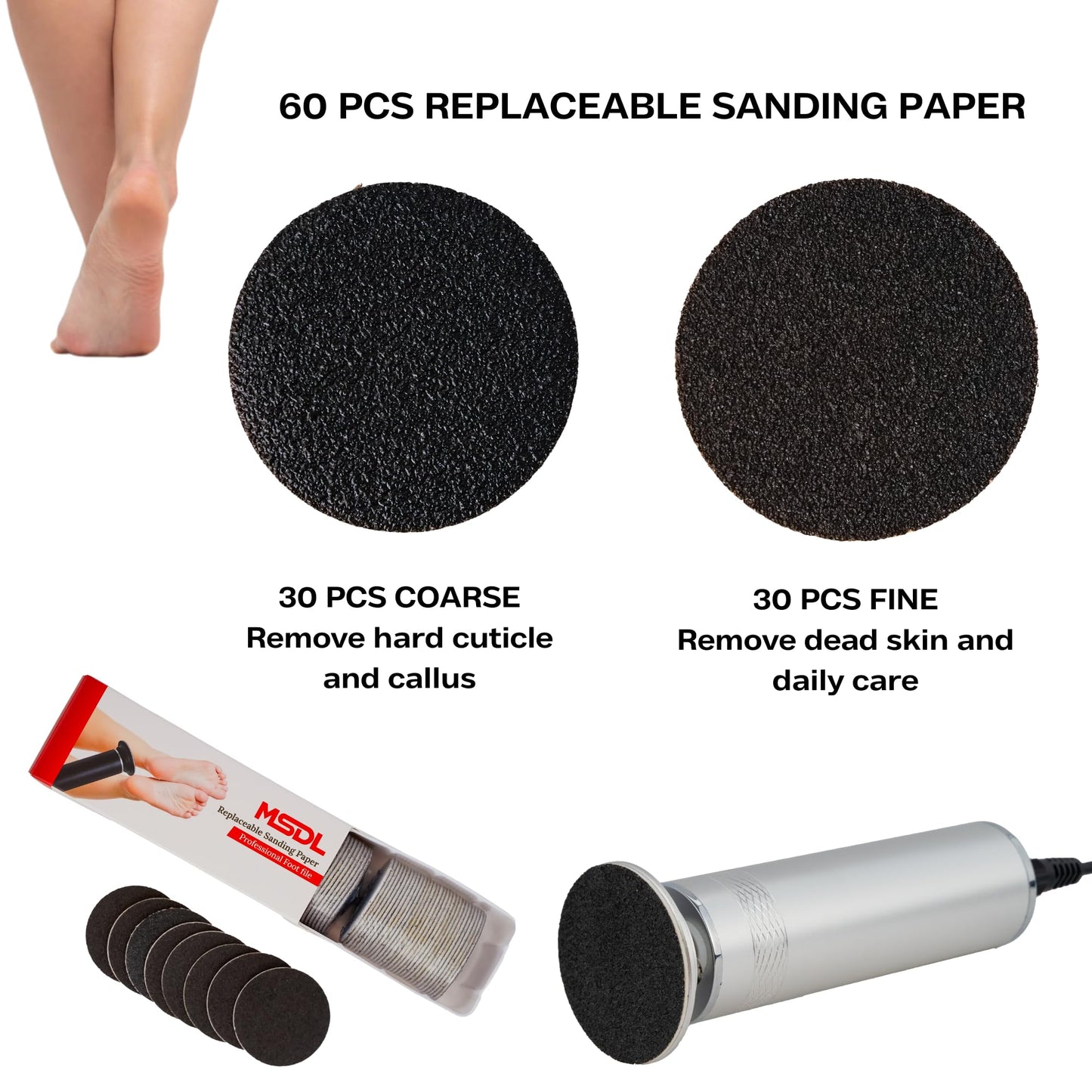 High Power Electric Foot Callus Remover, 2026 Upgrade with 100-inch Extra-Long Cord and 60 Replaceable Sandpaper Discs, Electric Foot File for Cracked Heels and Dead Skin, Silver